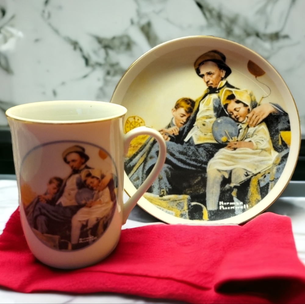Vtg Mug & Plate Gold Trimmed Norman Rockwell IMM